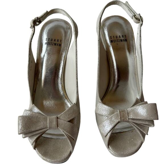 Stuart Weitzman Heels Tarot Silver Glazed Lame Leather Pumps Women's Size 6.5 - Picture 4 of 11